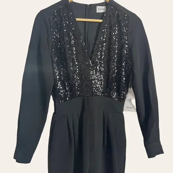 LINI Black Stella Sequin Faux Wrap Surplice Long Sleeve Party Jumpsuit Size XS